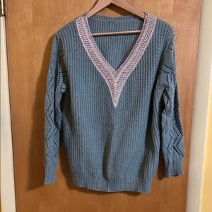 Seafoam Green V-Neck Sweater with Ecru Trim